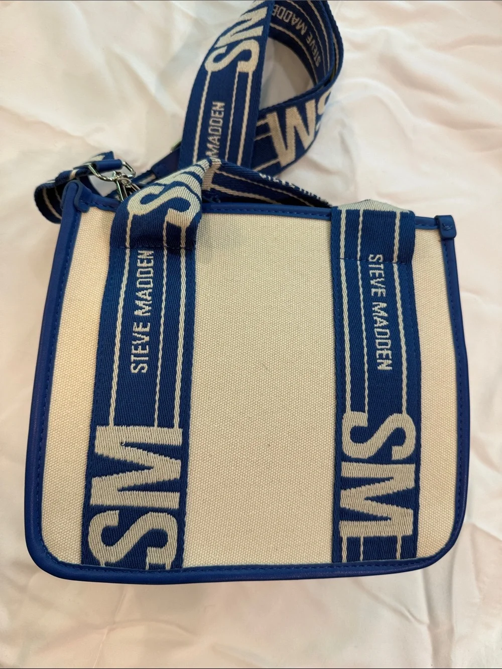 Steve Madden Blue and White Canvas Messenger Bag with Logo Strap